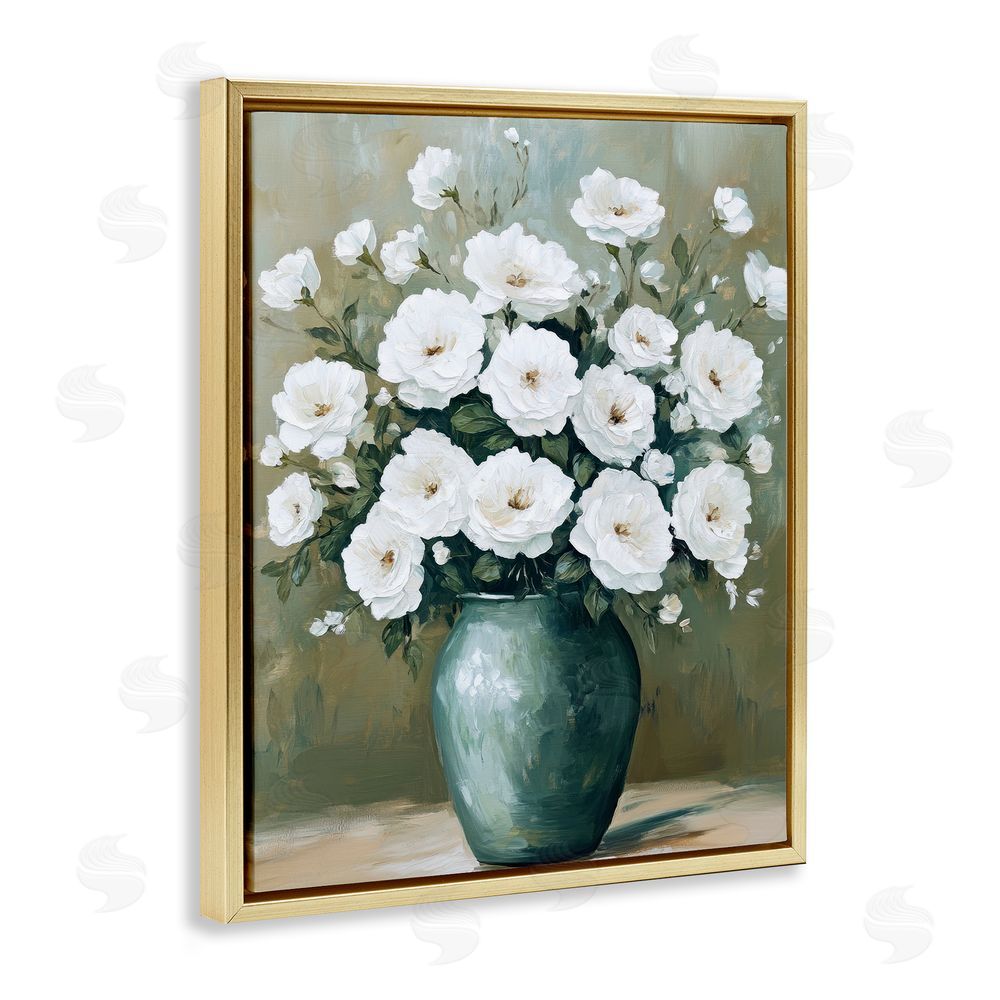 Petal Prints Design Ivory Bouquet Flower Blossoms Gold Floating Frame Canvas Wall Art Print