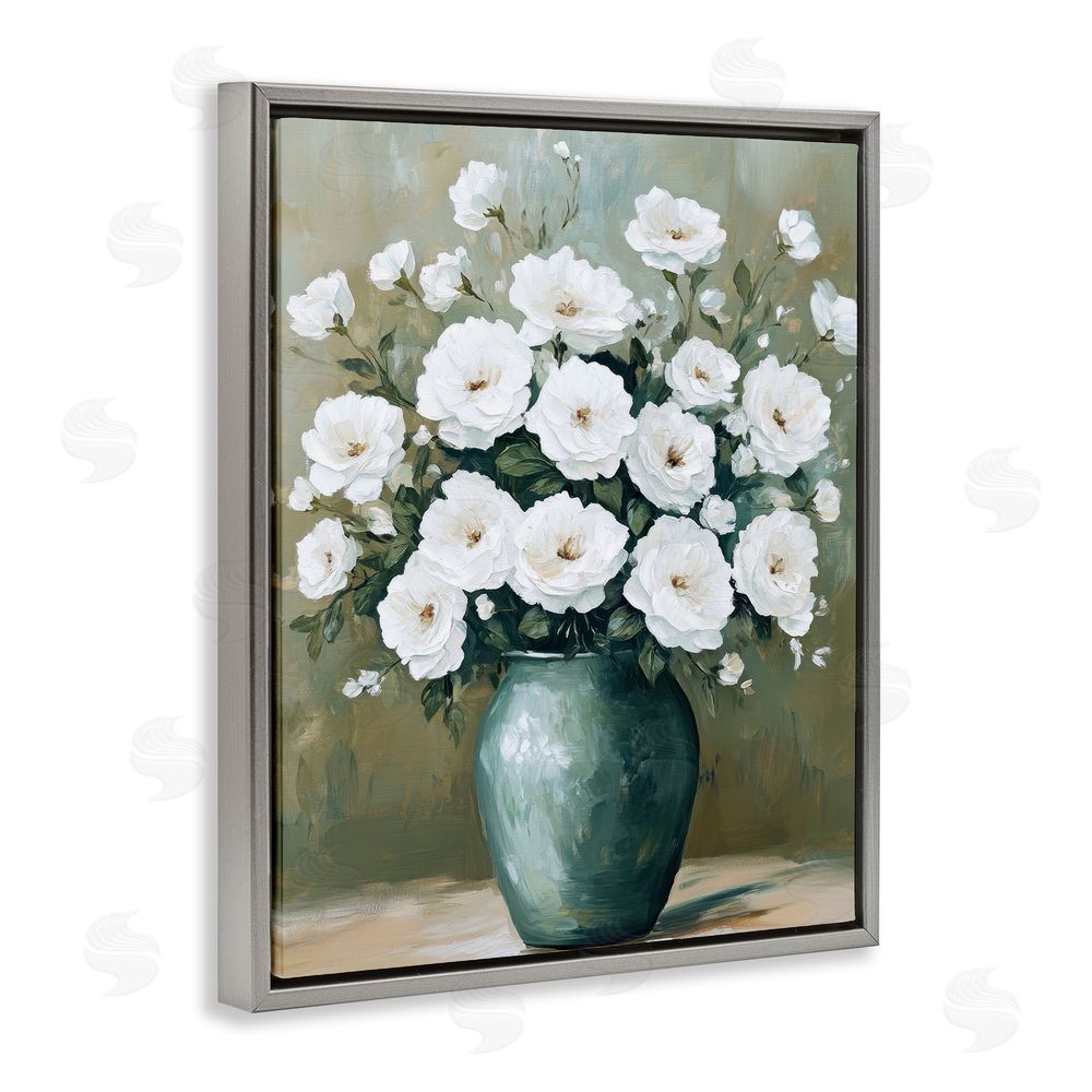 Petal Prints Design Ivory Bouquet Flower Blossoms Gray Floating Frame Canvas Wall Art Print
