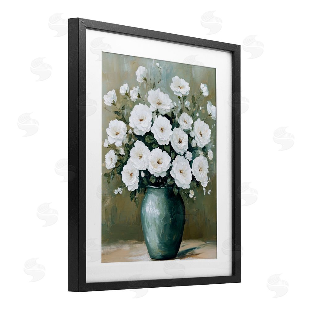 Petal Prints Design Ivory Bouquet Flower Blossoms Black Framed Print Under Glass with White Mat Wall Art