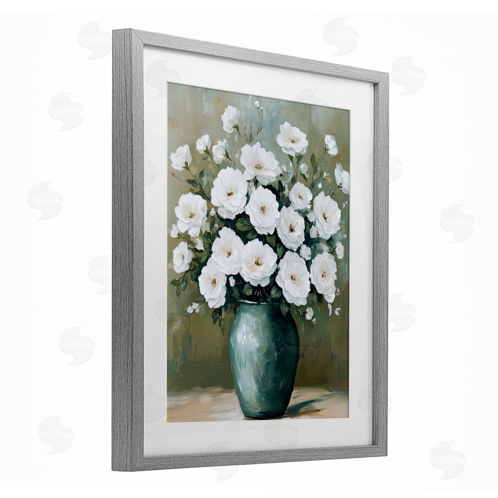 Petal Prints Design Ivory Bouquet Flower Blossoms Gray Framed Print Under Glass with White Mat Wall Art