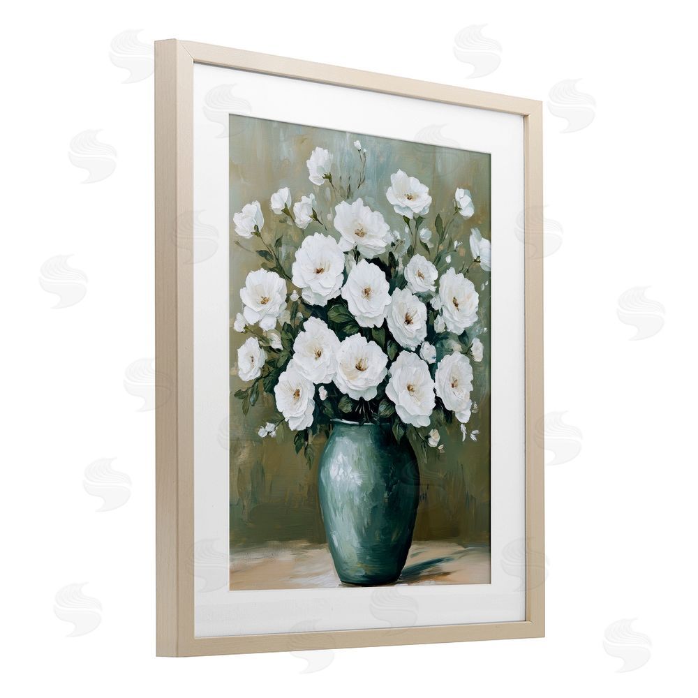 Petal Prints Design Ivory Bouquet Flower Blossoms Birch Framed Print Under Glass with White Mat Wall Art