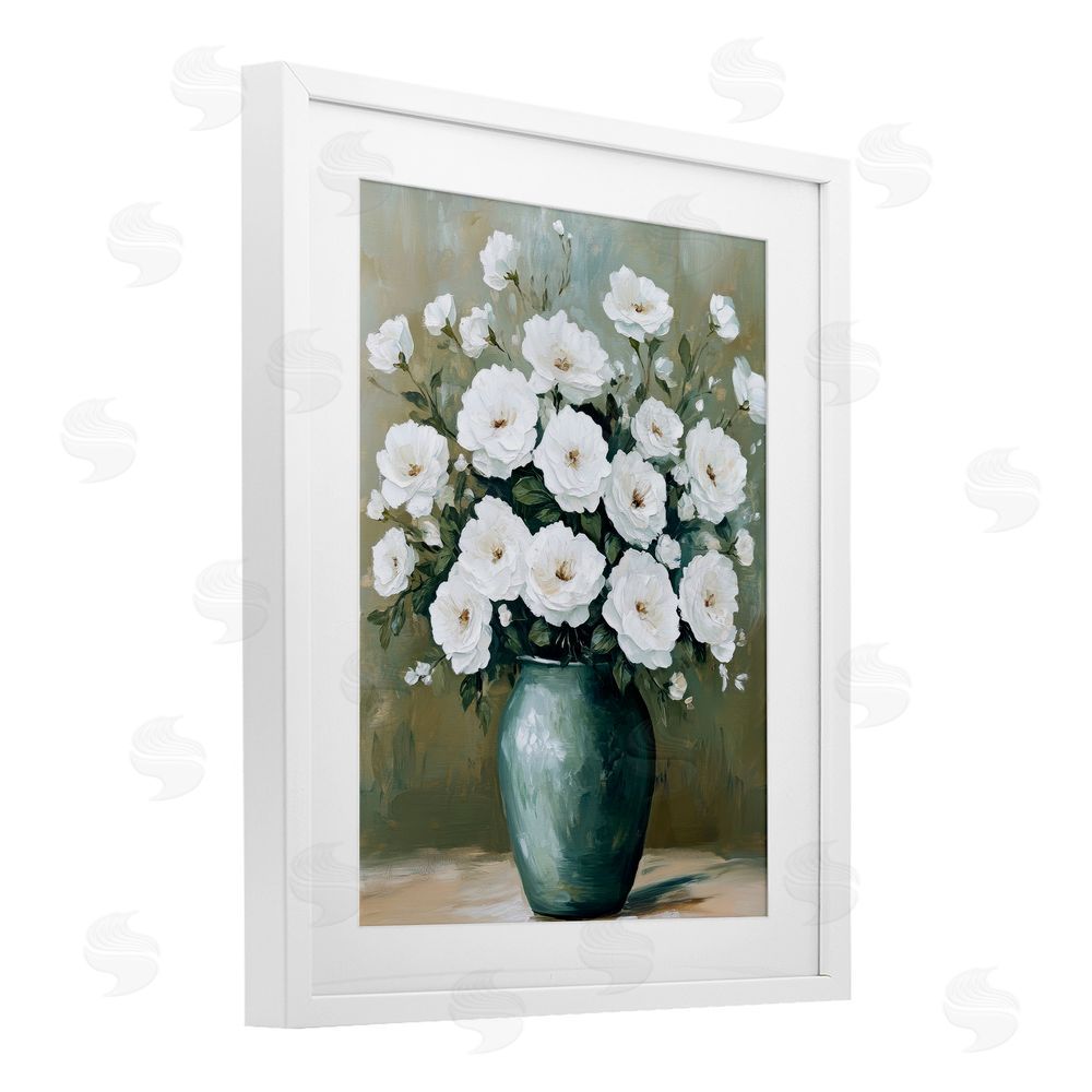 Petal Prints Design Ivory Bouquet Flower Blossoms White Framed Print Under Glass with Mat Wall Art