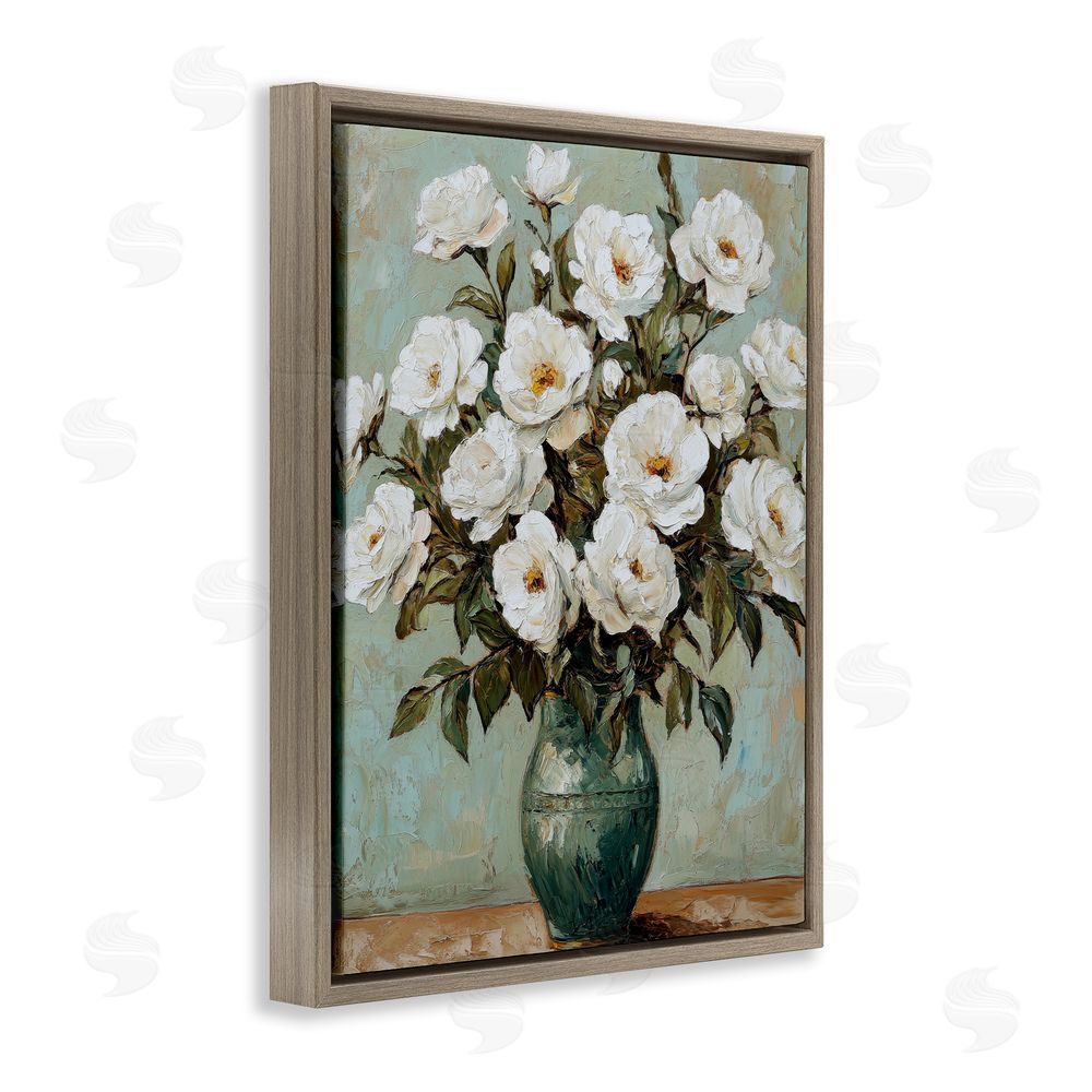 Petal Prints Design Traditional White Floral Arrangement Brown Floating Frame Canvas Wall Art Print