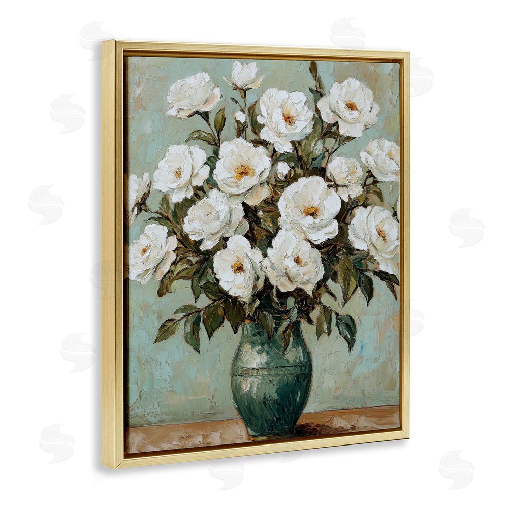 Petal Prints Design Traditional White Floral Arrangement Gold Floating Frame Canvas Wall Art Print