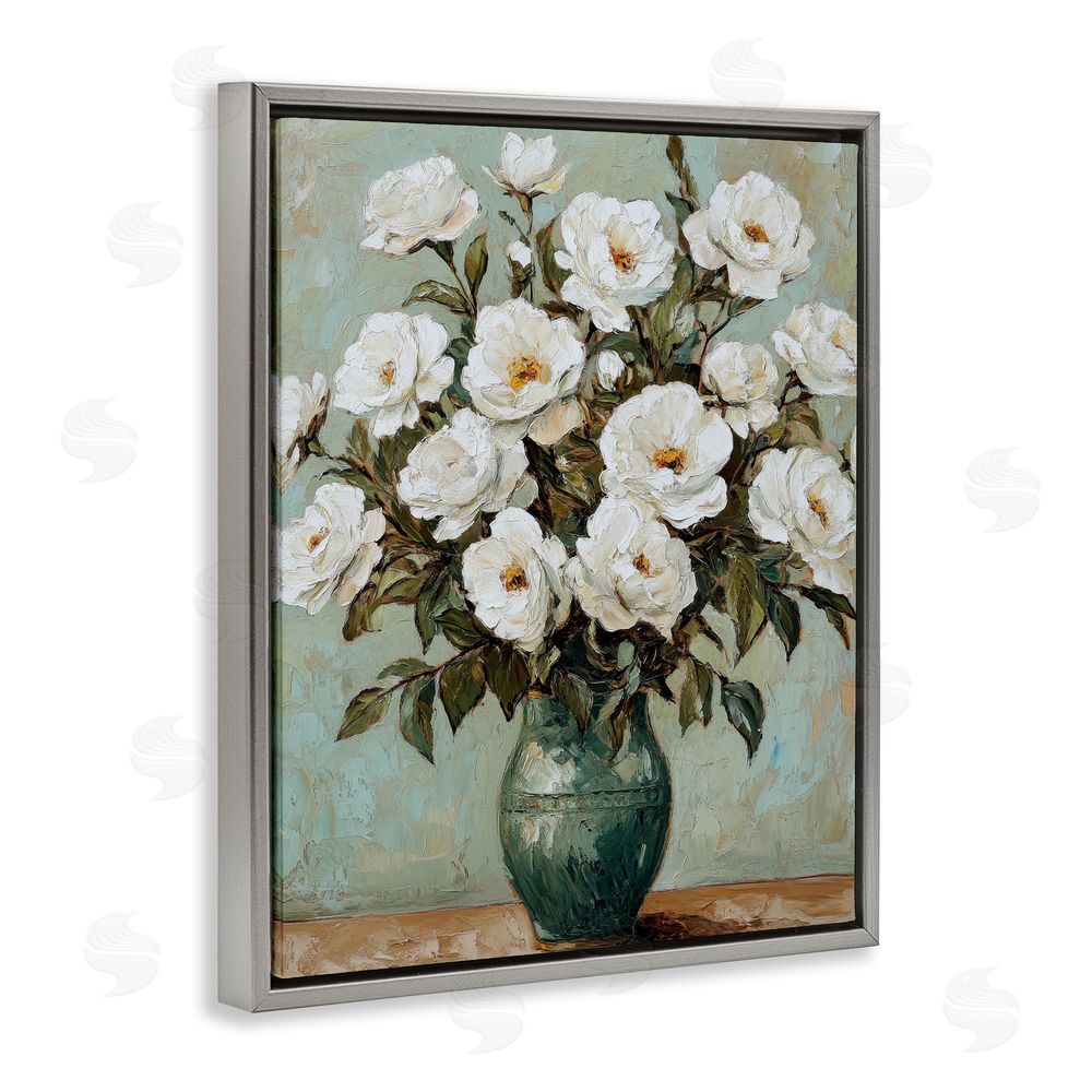 Petal Prints Design Traditional White Floral Arrangement Gray Floating Frame Canvas Wall Art Print