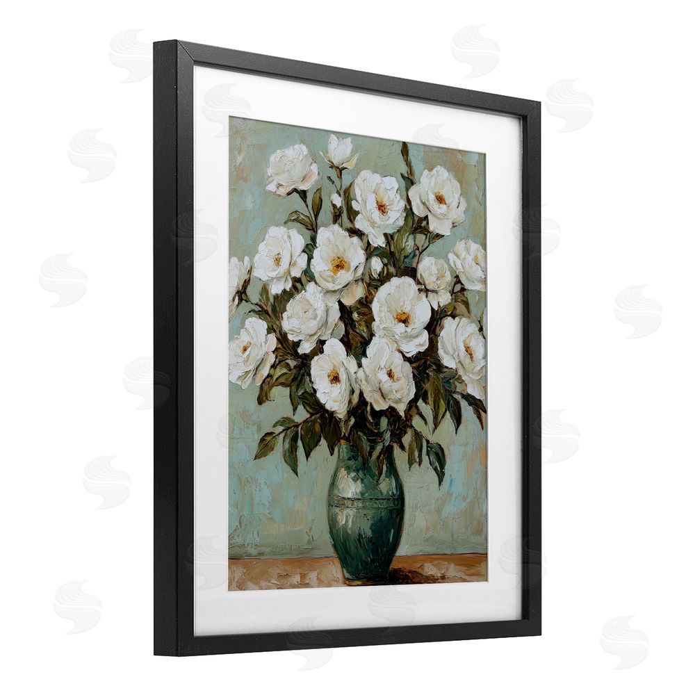 Petal Prints Design Traditional White Floral Arrangement Black Framed Print Under Glass with White Mat Wall Art