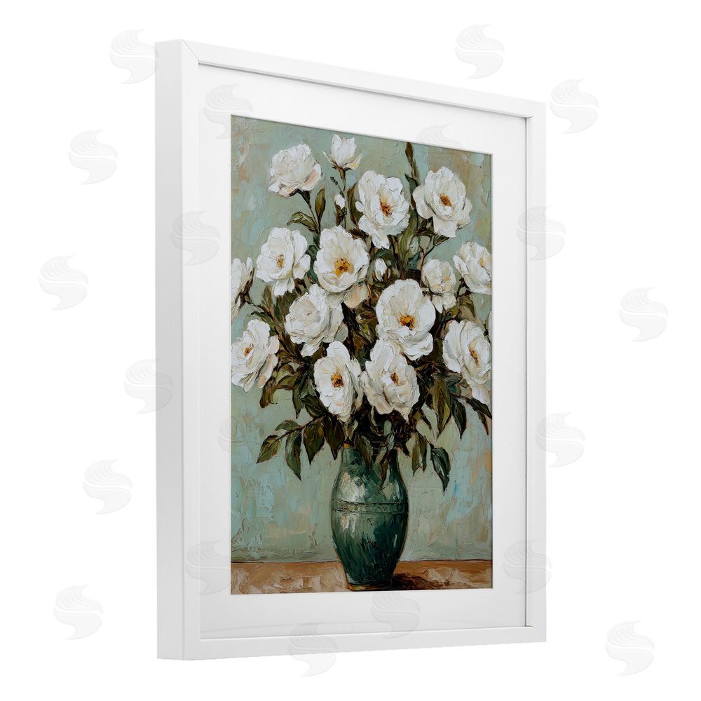 Petal Prints Design Traditional White Floral Arrangement White Framed Print Under Glass with Mat Wall Art