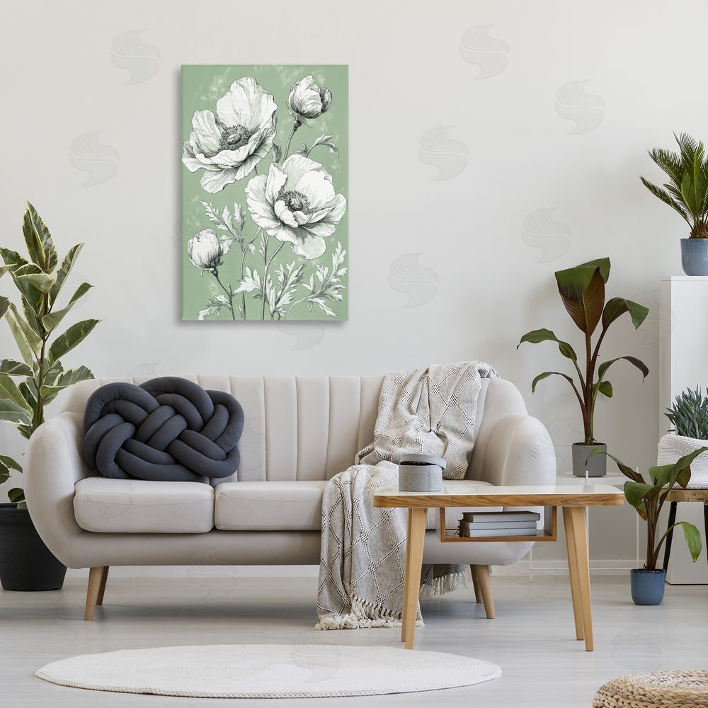 Petal Prints Design Soft Green Poppy Floral Canvas Art on Wall