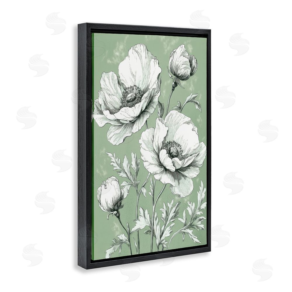 Petal Prints Design Soft Green Poppy Floral Black Floating Frame Canvas Wall Art Print