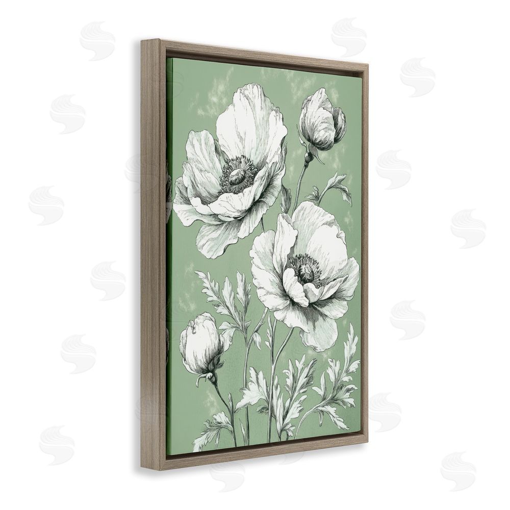 Petal Prints Design Soft Green Poppy Floral Brown Floating Frame Canvas Wall Art Print