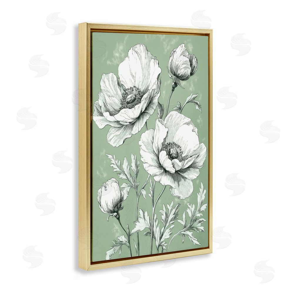 Petal Prints Design Soft Green Poppy Floral Gold Floating Frame Canvas Wall Art Print