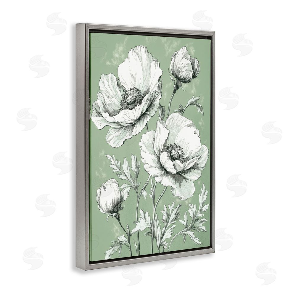 Petal Prints Design Soft Green Poppy Floral Gray Floating Frame Canvas Wall Art Print