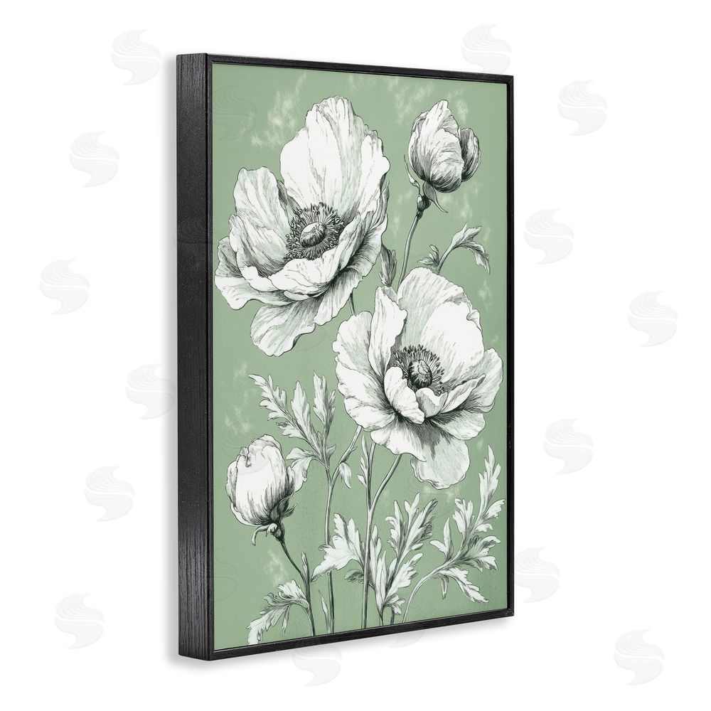 Petal Prints Design Soft Green Poppy Floral Black Framed Giclee Wall Art Print