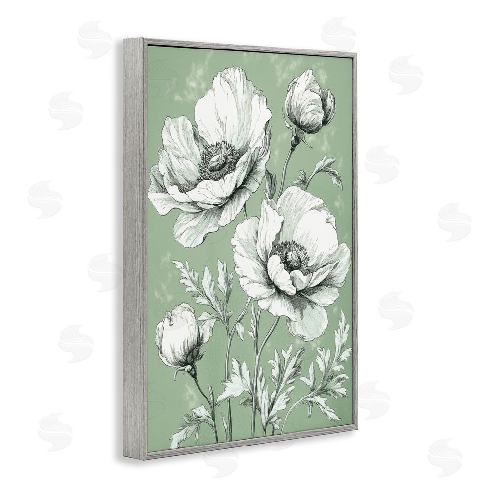 Petal Prints Design Soft Green Poppy Floral Gray Framed Giclee Wall Art Print