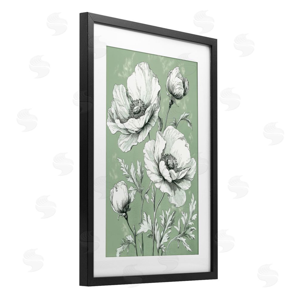 Petal Prints Design Soft Green Poppy Floral Black Framed Print Under Glass with White Mat Wall Art