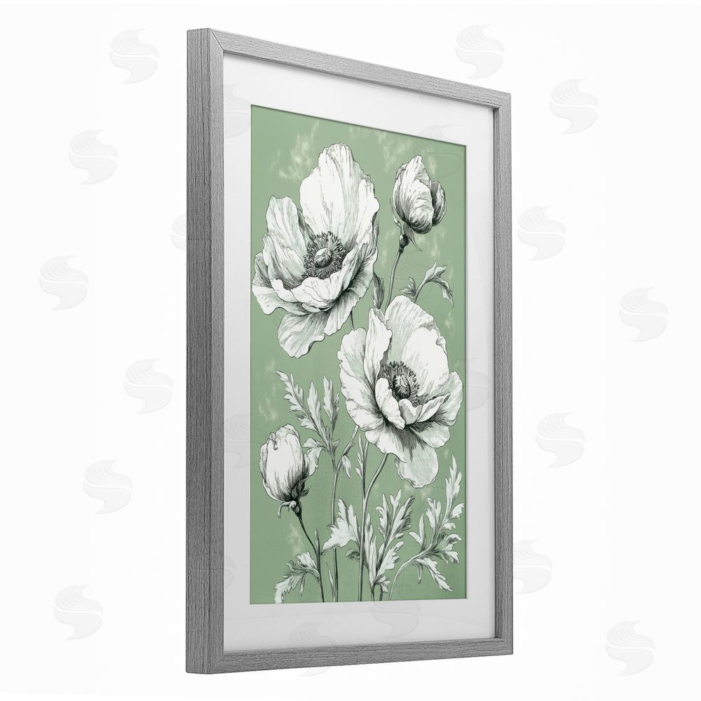 Petal Prints Design Soft Green Poppy Floral Gray Framed Print Under Glass with White Mat Wall Art