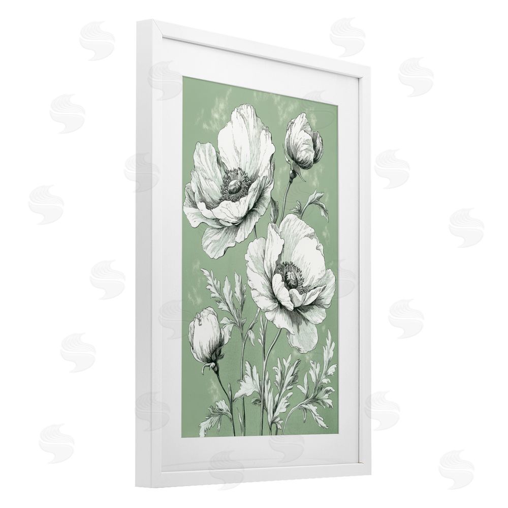 Petal Prints Design Soft Green Poppy Floral White Framed Print Under Glass with Mat Wall Art