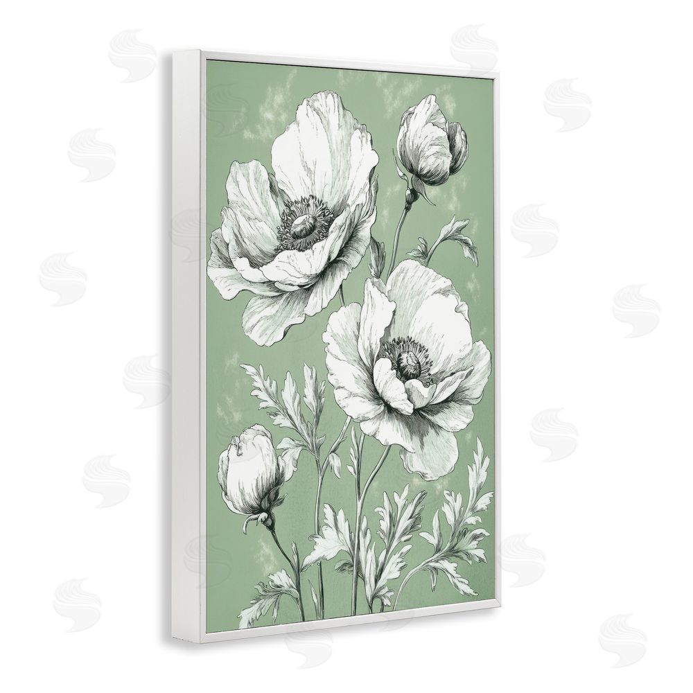 Petal Prints Design Soft Green Poppy Floral White Framed Giclee Wall Art Print