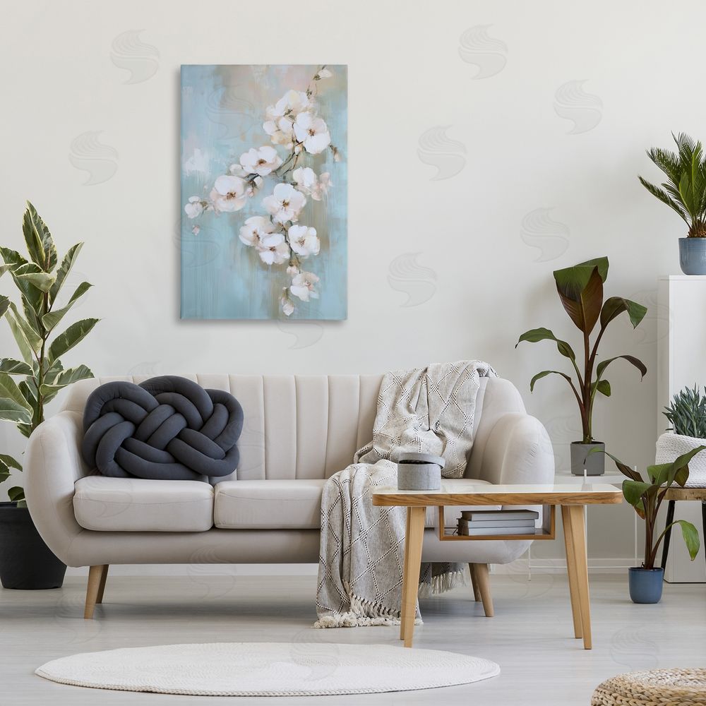 Gina Kelly Fading White Flowers on Blue Canvas Art on Wall