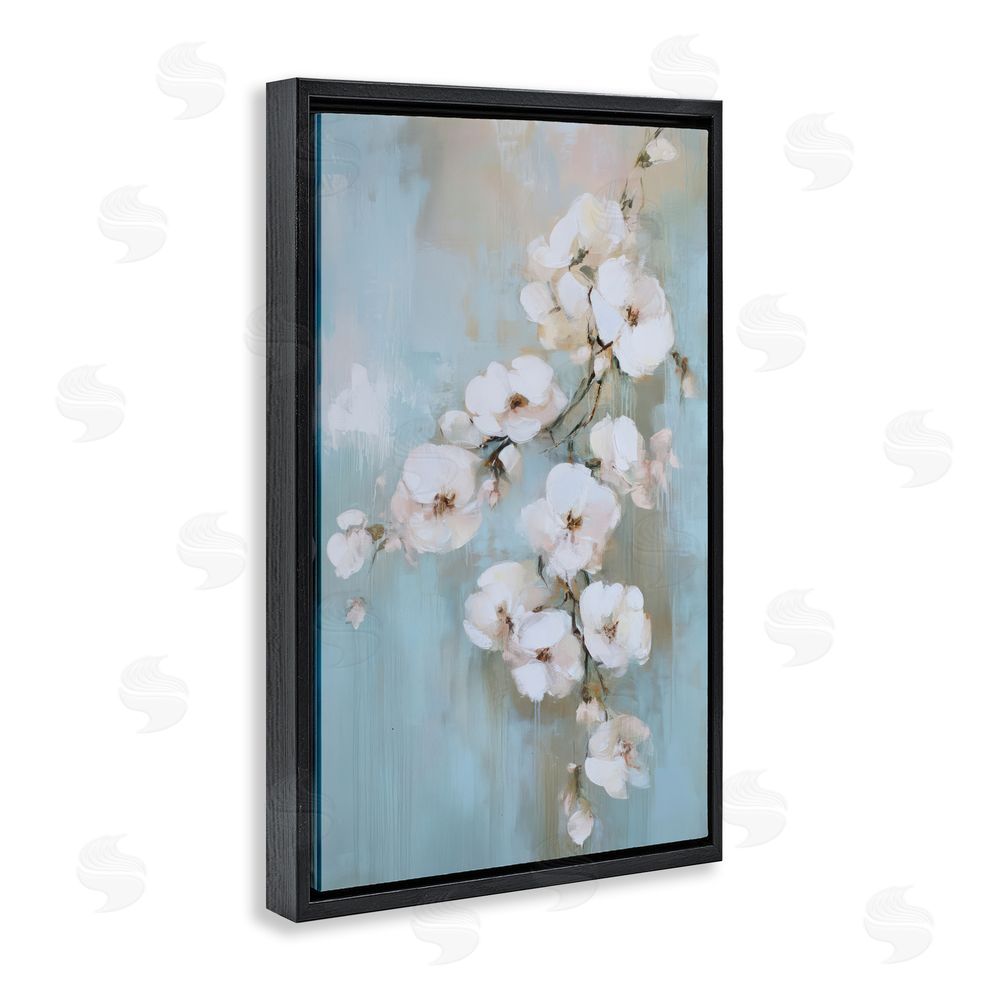 Gina Kelly Fading White Flowers on Blue Black Floating Frame Canvas Wall Art Print