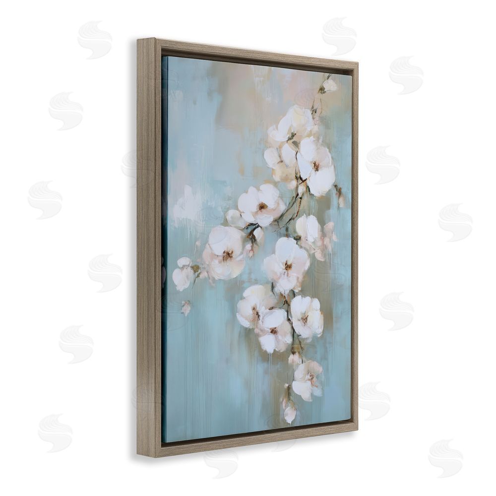 Gina Kelly Fading White Flowers on Blue Brown Floating Frame Canvas Wall Art Print