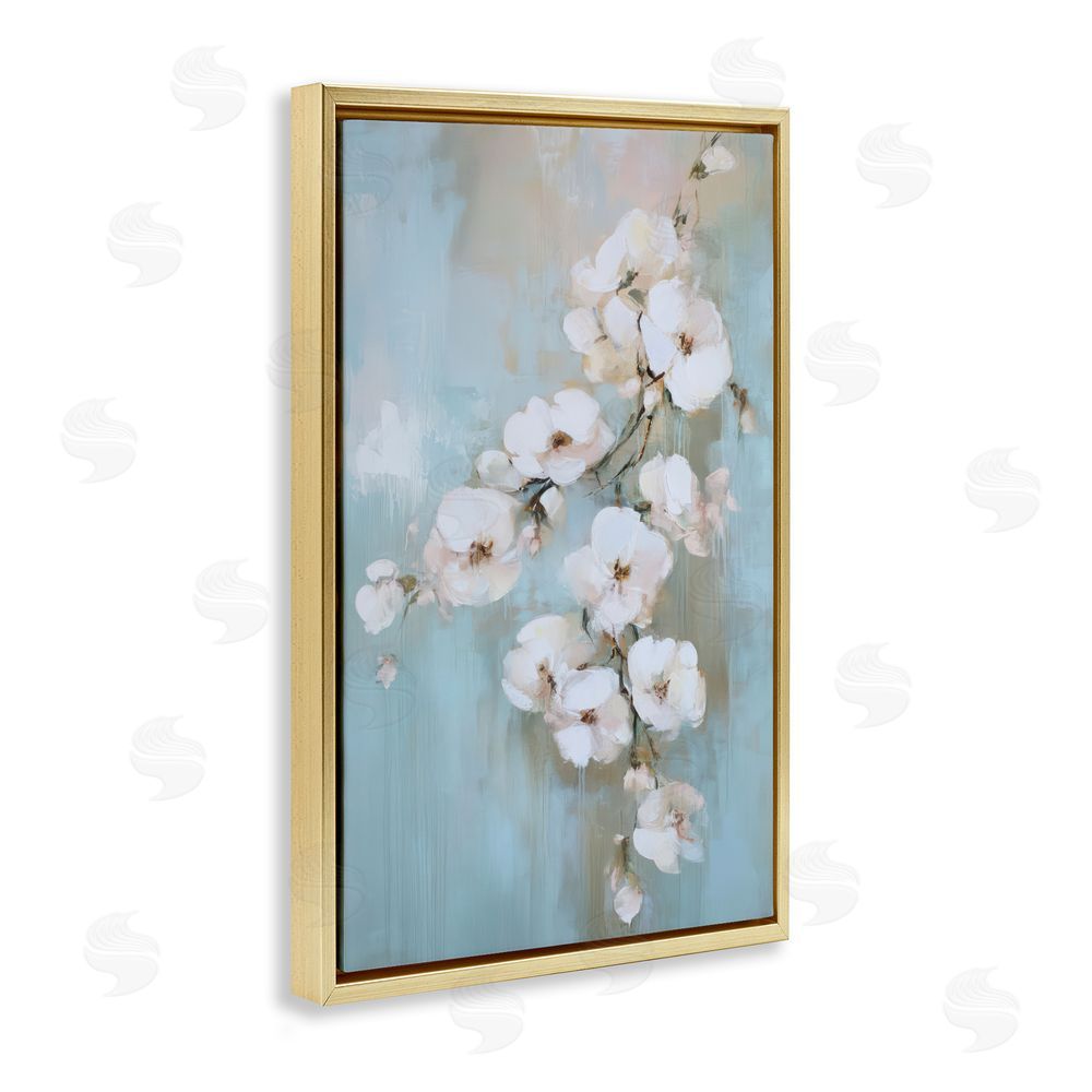 Gina Kelly Fading White Flowers on Blue Gold Floating Frame Canvas Wall Art Print