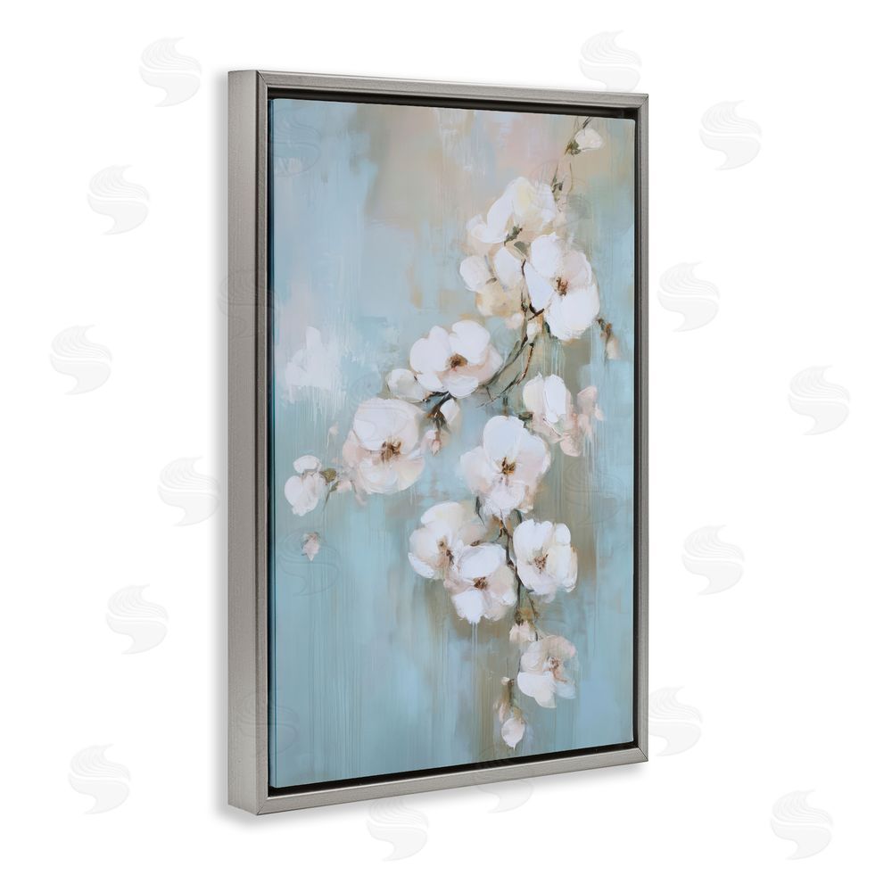 Gina Kelly Fading White Flowers on Blue Gray Floating Frame Canvas Wall Art Print