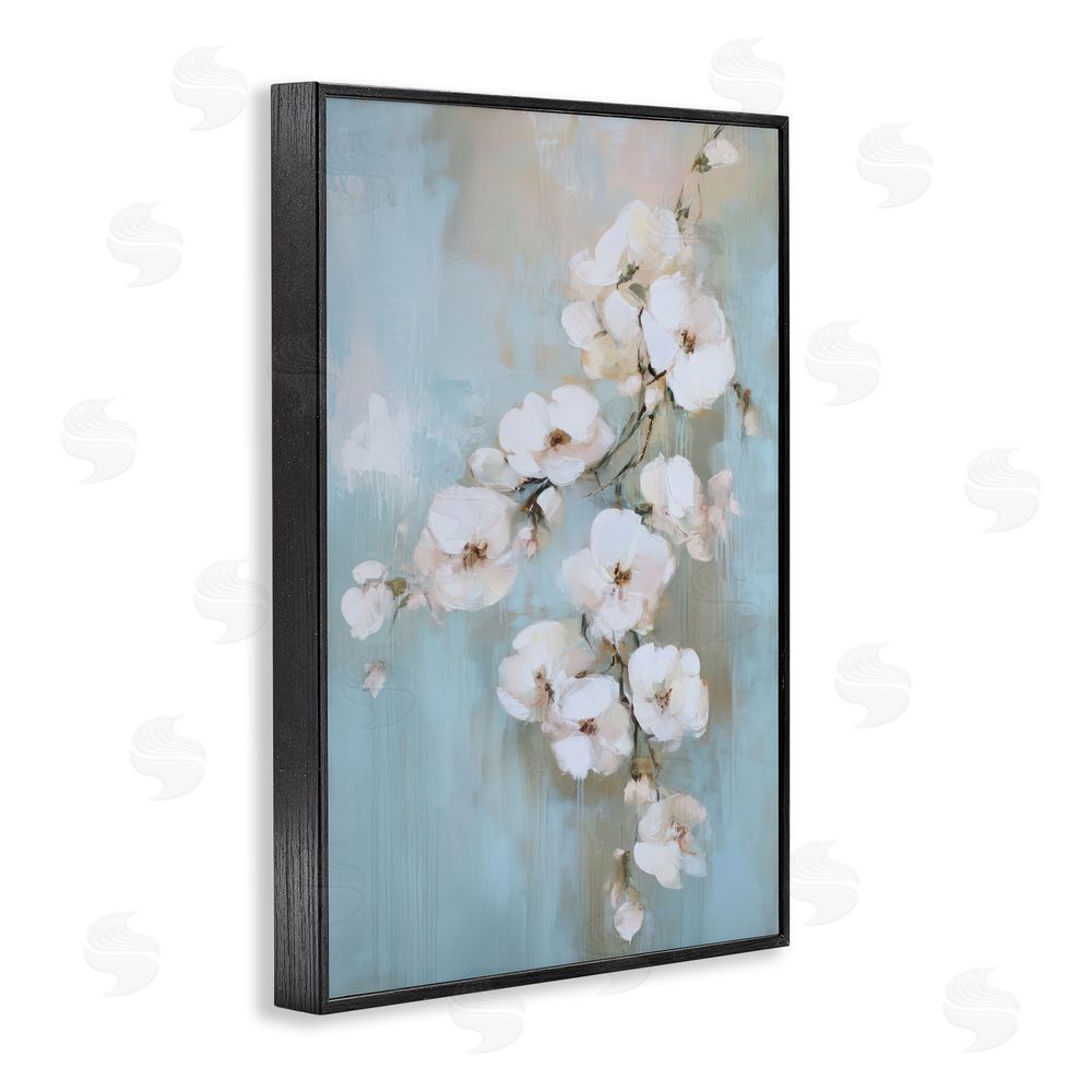 Gina Kelly Fading White Flowers on Blue Black Framed Giclee Wall Art Print