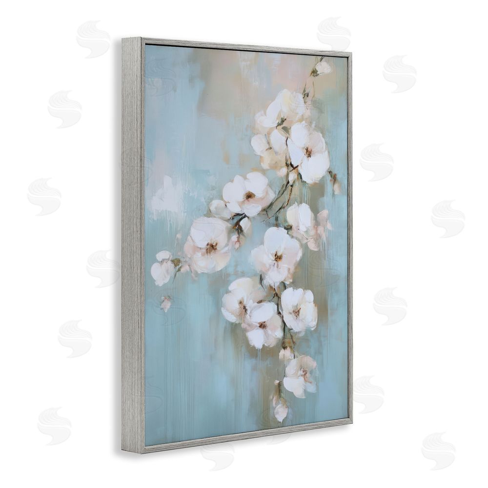 Gina Kelly Fading White Flowers on Blue Gray Framed Giclee Wall Art Print