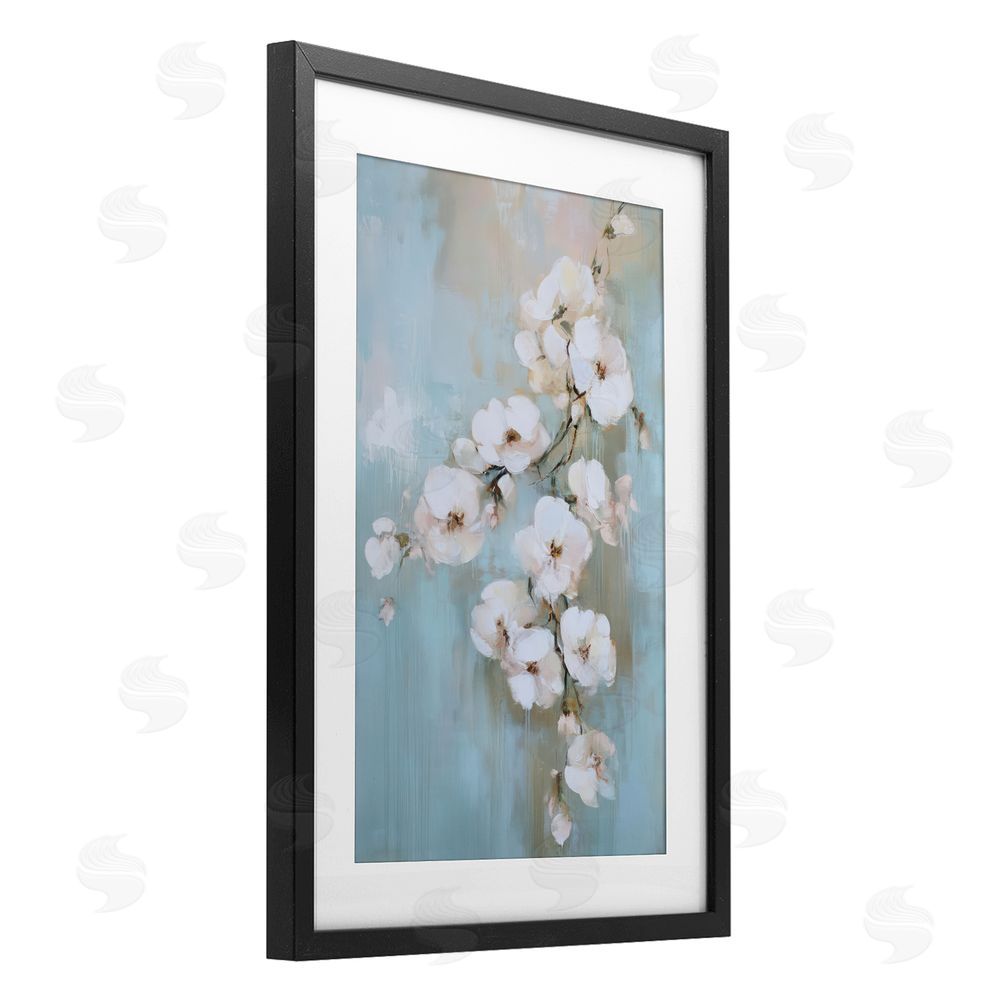 Gina Kelly Fading White Flowers on Blue Black Framed Print Under Glass with White Mat Wall Art