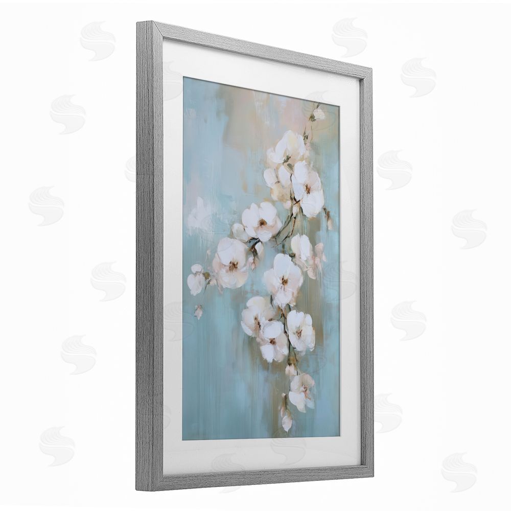 Gina Kelly Fading White Flowers on Blue Gray Framed Print Under Glass with White Mat Wall Art