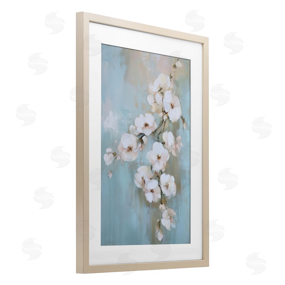 Gina Kelly Fading White Flowers on Blue Birch Framed Print Under Glass with White Mat Wall Art