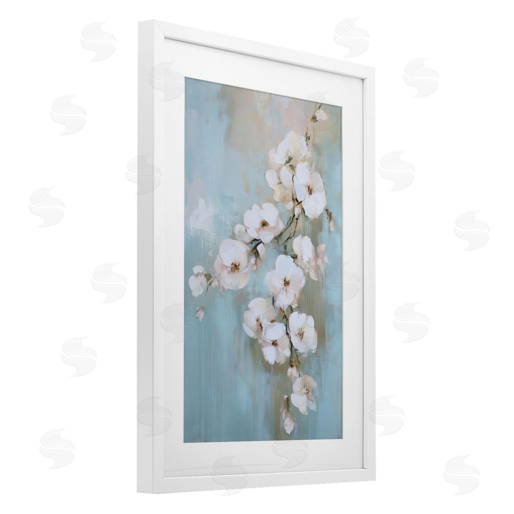 Gina Kelly Fading White Flowers on Blue White Framed Print Under Glass with Mat Wall Art