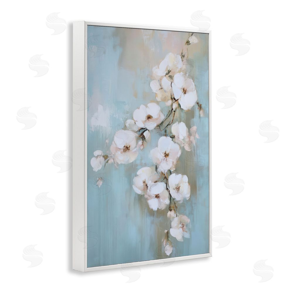 Gina Kelly Fading White Flowers on Blue White Framed Giclee Wall Art Print