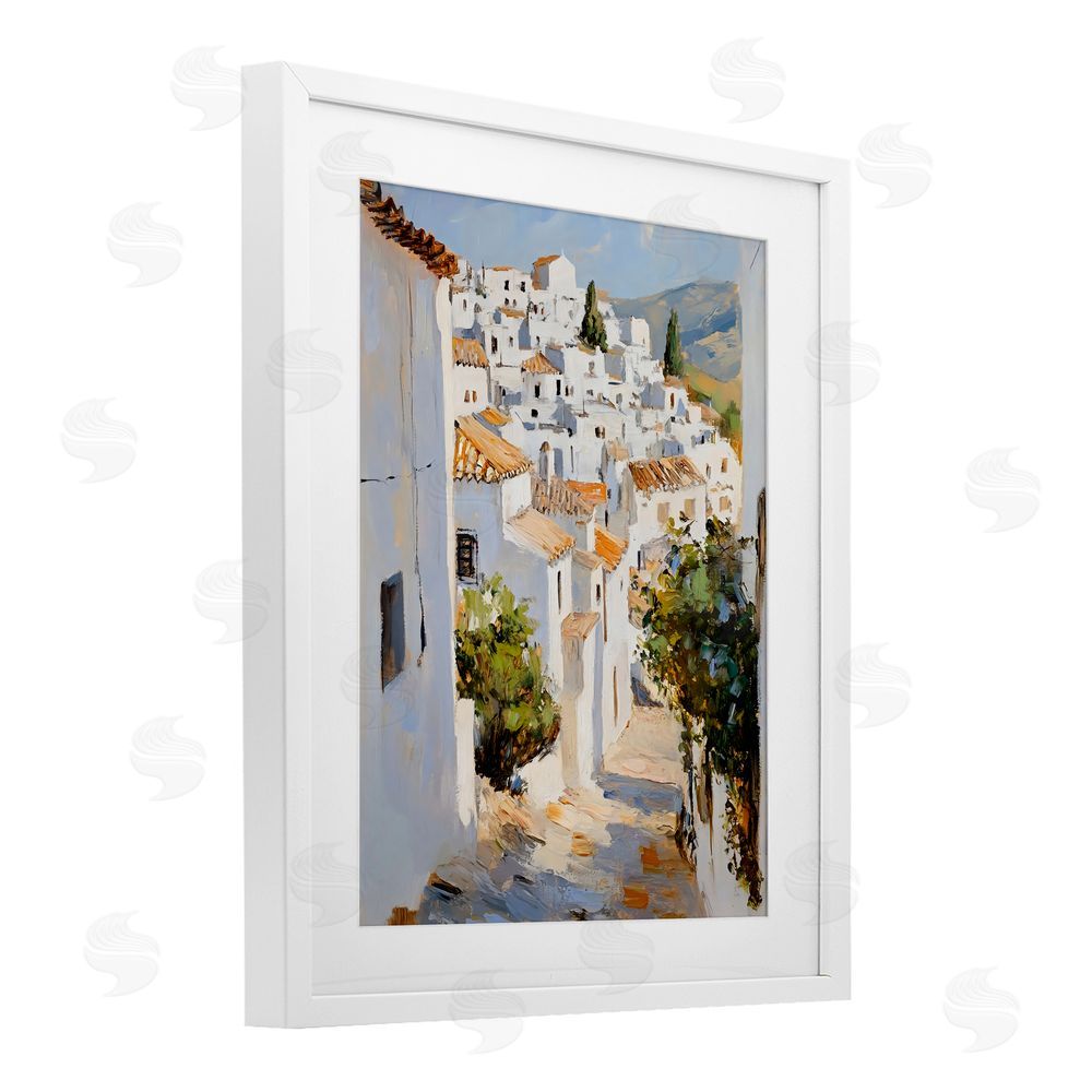Franklyn Gregory Charming European Town White Framed Print Under Glass with Mat Wall Art