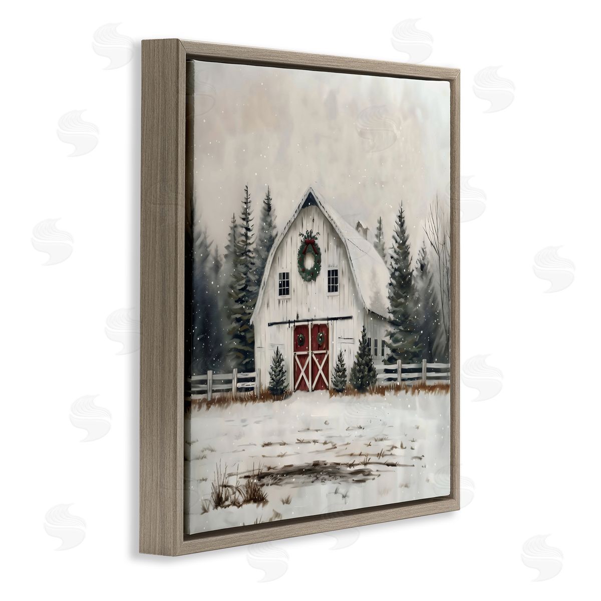 Creative Studio White Christmas Barn with Wreat Brown Floating Frame Canvas Art Print