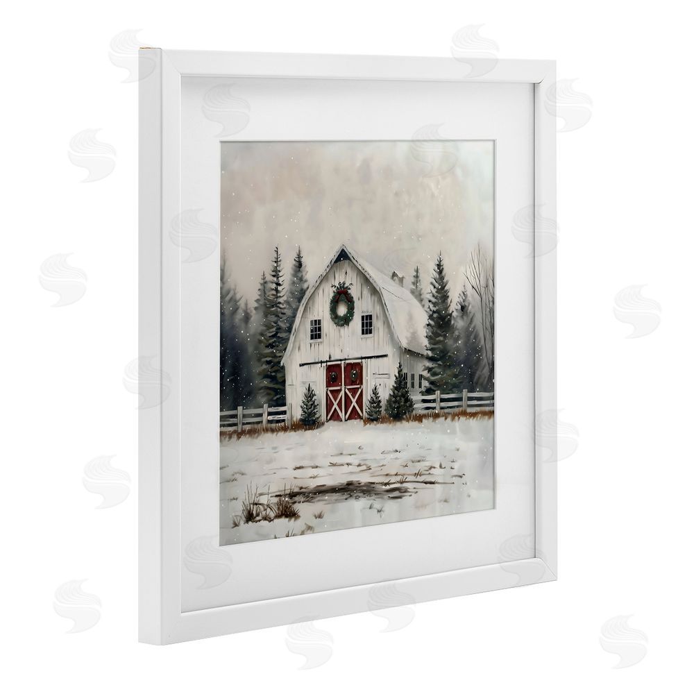 Creative Studio White Christmas Barn with Wreat White Framed Print Under Glass Art