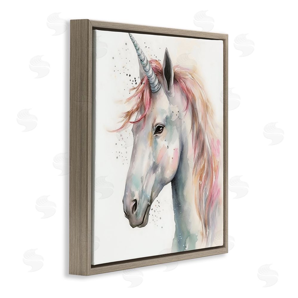 Creative Studio Unicorn With Pink Mane Brown Floating Frame Canvas Wall Art Print