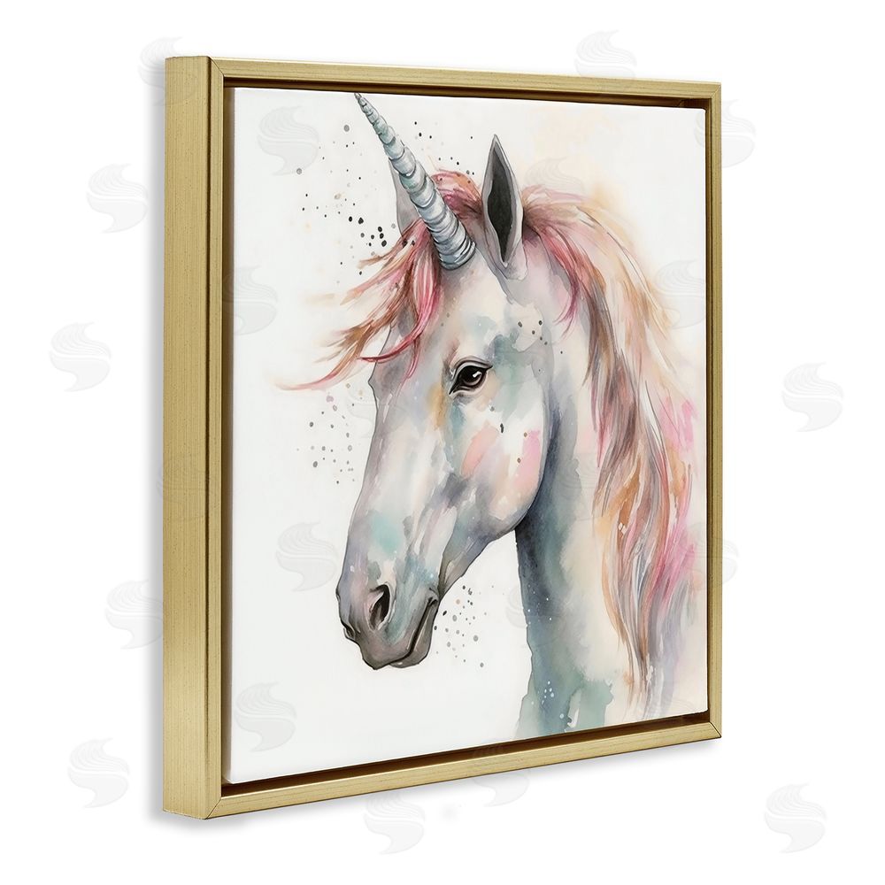Creative Studio Unicorn With Pink Mane Gold Floating Frame Canvas Wall Art Print