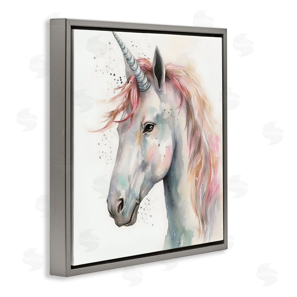Creative Studio Unicorn With Pink Mane Gray Floating Frame Canvas Wall Art Print