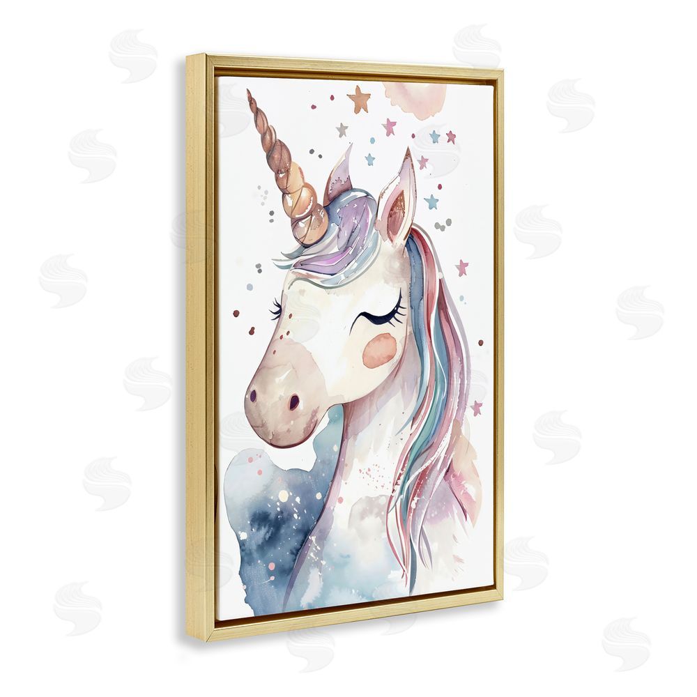 Creative Studio Cute Unicorn under Stars Gold Floating Frame Canvas Wall Art Print