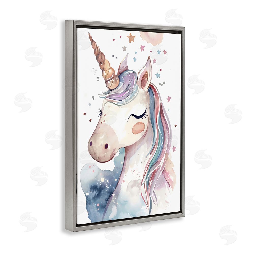 Creative Studio Cute Unicorn under Stars Gray Floating Frame Canvas Wall Art Print