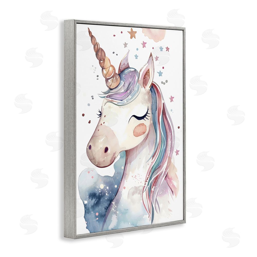 Creative Studio Cute Unicorn under Stars Gray Framed Giclee Wall Art Print