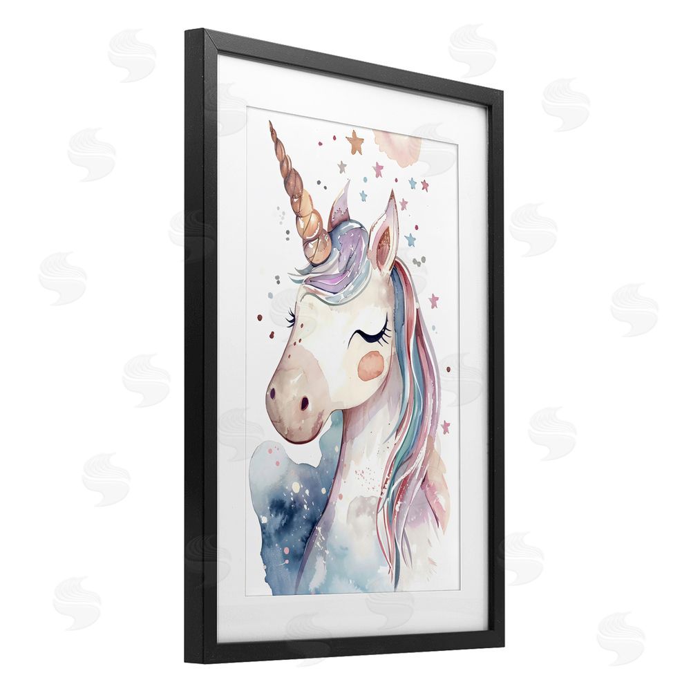 Creative Studio Cute Unicorn under Stars Black Framed Print Under Glass with White Mat Wall Art