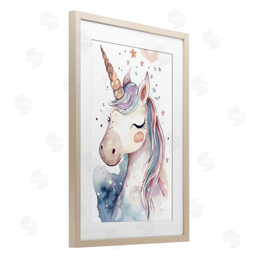 Creative Studio Cute Unicorn under Stars Birch Framed Print Under Glass with White Mat Wall Art