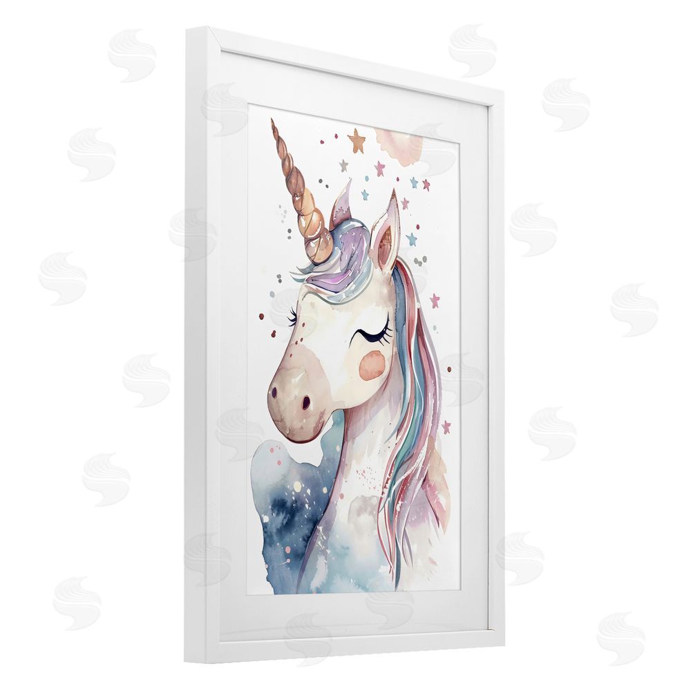Creative Studio Cute Unicorn under Stars White Framed Print Under Glass with Mat Wall Art
