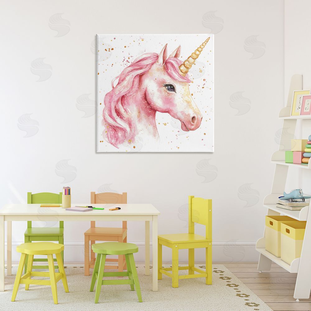 Creative Studio Pink Unicorn with Paint Splatter Canvas Art on Wall