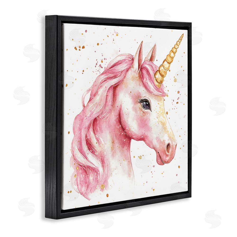 Creative Studio Pink Unicorn with Paint Splatter Black Floating Frame Canvas Wall Art Print