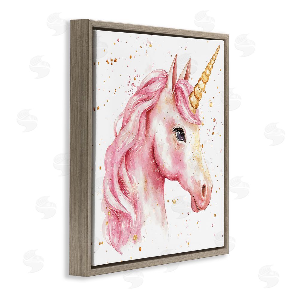 Creative Studio Pink Unicorn with Paint Splatter Brown Floating Frame Canvas Wall Art Print