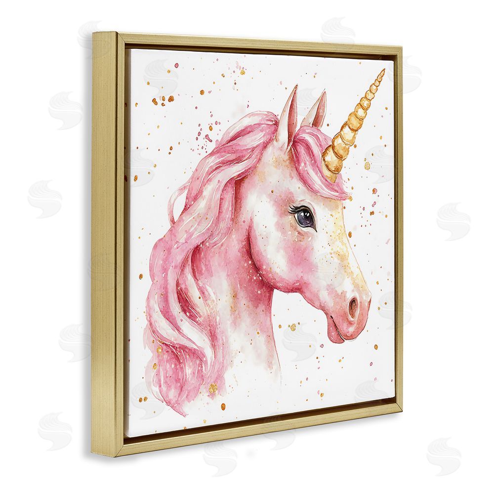 Creative Studio Pink Unicorn with Paint Splatter Gold Floating Frame Canvas Wall Art Print
